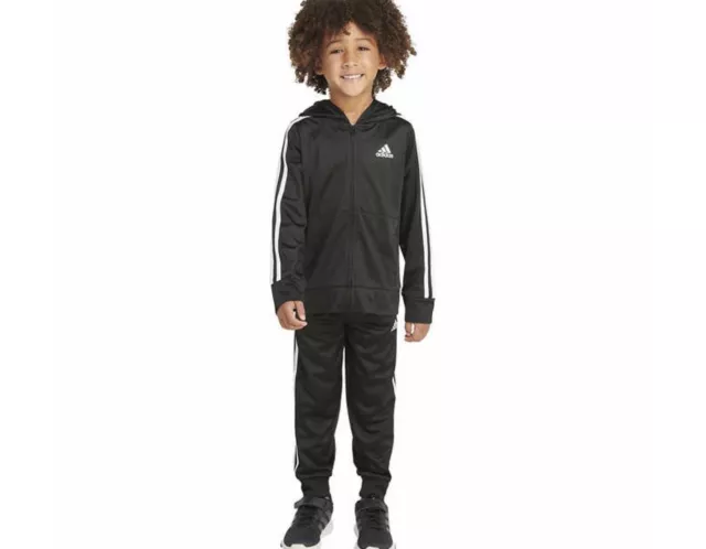 Adidas Little Boys Zip Up Front Tricot Black 2 pc Jacket Pants Set Youth 7 3