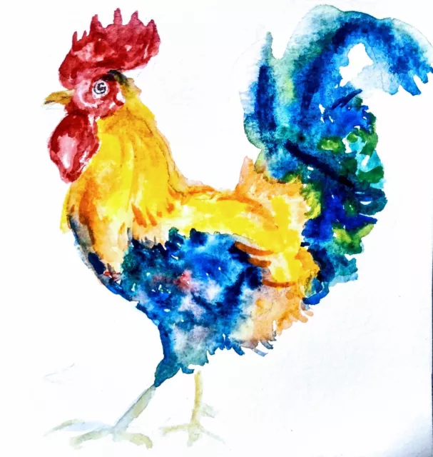 Colorful rooster chicken bird art,Watercolor painting signed,nature lover gift