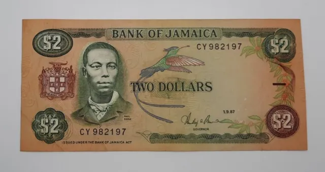 1987 - Bank of JAMAICA - 2 (Two) JAD  Dollars Banknote, Serial No. CY 982197