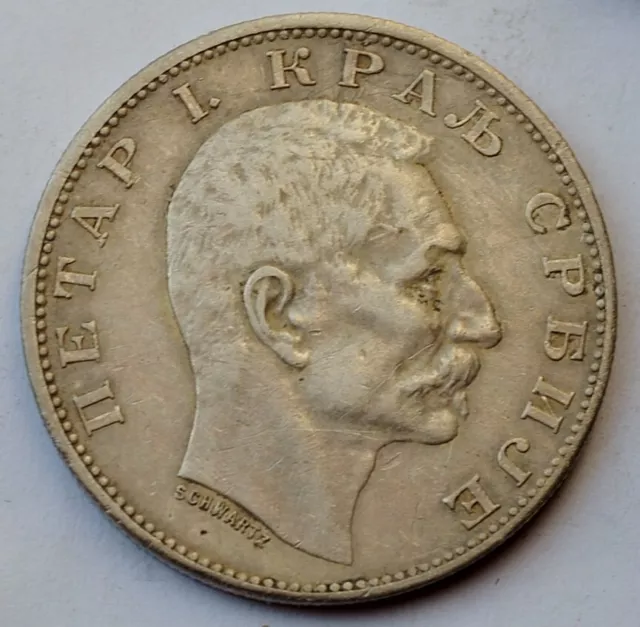 Serbia, 2 dinara 1912, King Petar I, silver coin