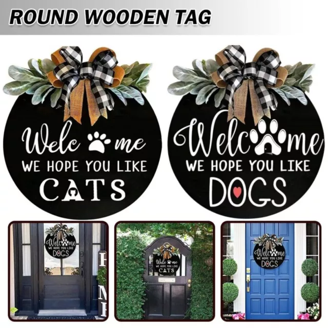 Front Door Welcome Sign Plaque for Home Garden Wooden Hanging Wreath Dogs Cats