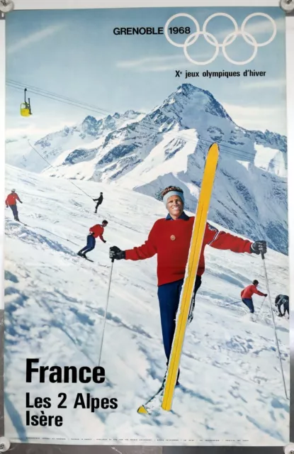Affiche originale Ski en France Les Deux Alpes Grenoble Jeux olympiques 1968