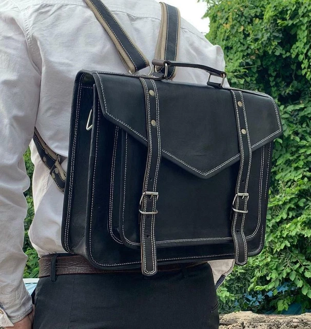18 " Handmade Noir Bandoulière Cuir Convertible Ordinateur Portable en Sac à Dos