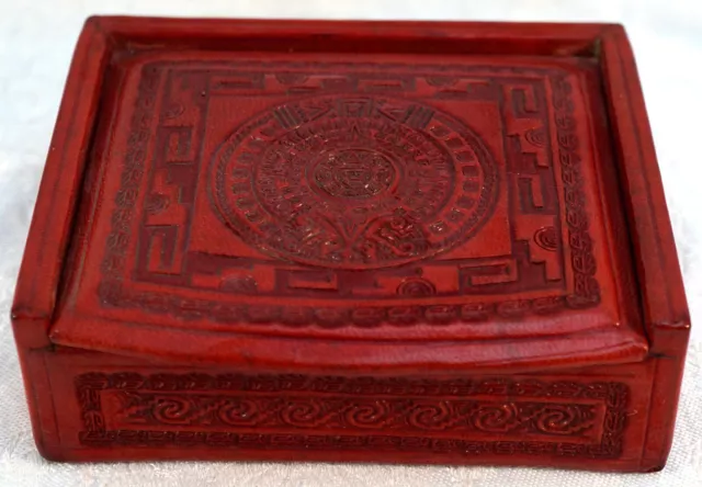 Antique Tooled Red Leather Covered Trinket Box Mayan Design from Mexico