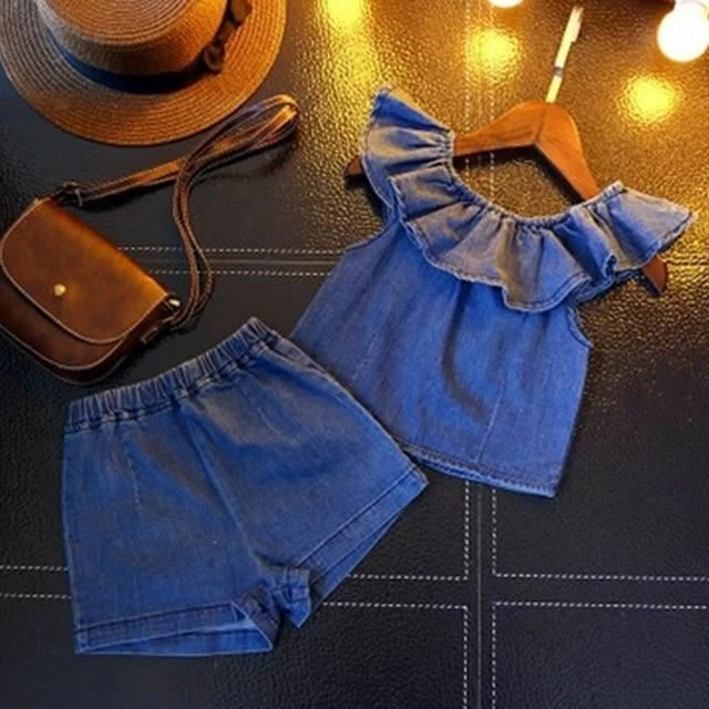 2 PC / Set Ragazze Estate Abbigliamento Coreana Jeans Manica Corta T-Shirt + 10