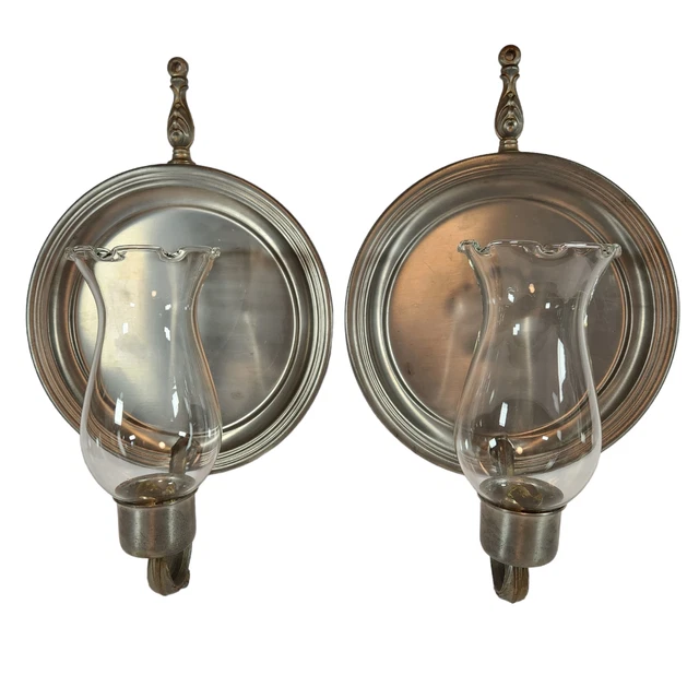 Pewter Wall Candle Holder Sconce with Globe Set of 2 Made in USA Vintage