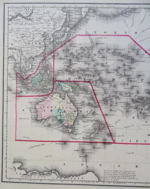 Oceania Australia Polynesia New Zealand Hawaii Fiji 1873 Gray color large map