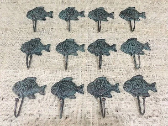 12 Cast Iron Fish Coat Hooks Rack Towel Bath Nautical Hat Hall Tree Fishing Dad