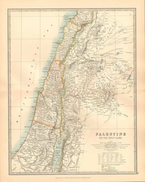 1911 Large Victorian Map ~ Palestine (Holy Land) Samaria Decapolis Judea