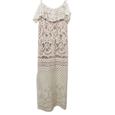 Haute Monde White Lace Lined Cold Shoulder Maxi Dress with Side Slits Size M