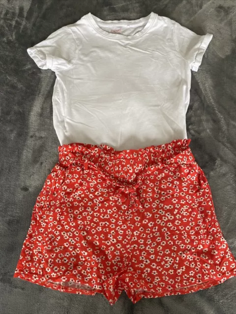 girls t-shirt and shorts set 9-10 years floral white red cute summer outfit
