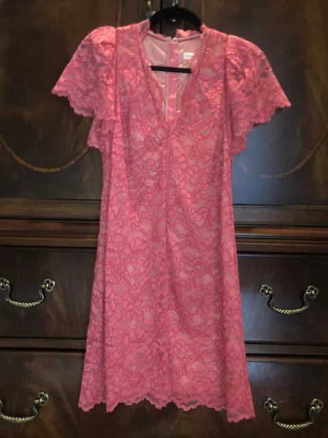 NWT Rebecca Taylor size 0 Lace Novelty shift Puff sleeve dress sunset rose $495 2