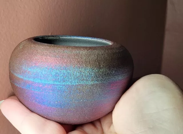 Signed Jeremy Diller Iridescent Raku Pottery Small Studio Art Vase 2.5" x 3.5"