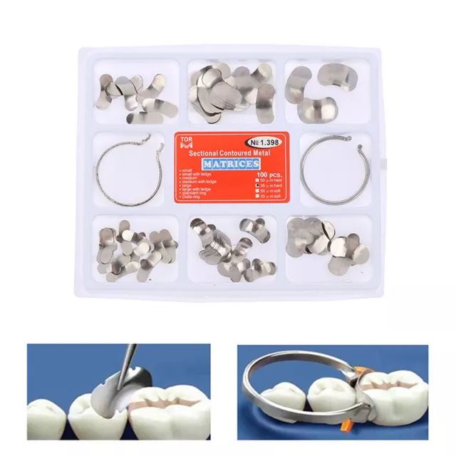 100Pcs 35um Dental Matrix Sectional Contoured Metal Matrices 2 Rings F6
