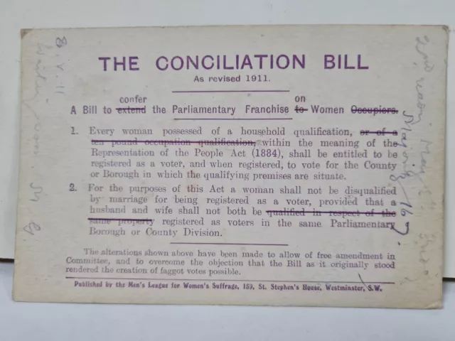 VERY RARE WOMENS  RIGHTs 1911 Suffrage Conciliation Bill Suffragettes Postcard