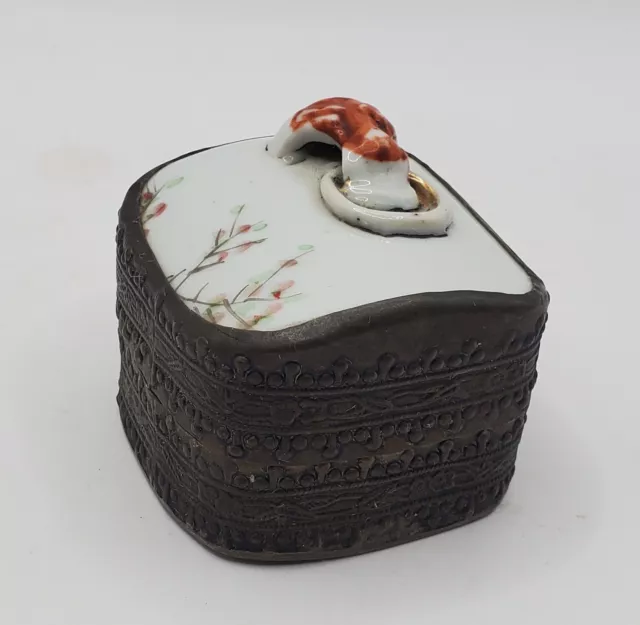 Vintage Old Chinese Metal Porcelain Trinket Ring Shard Mini Box 2×2×1.5"