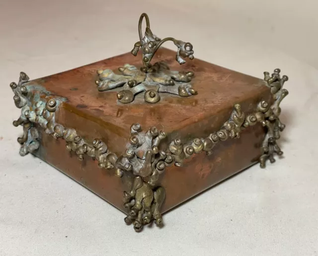 antique handmade brass copper Arts and Crafts Folk Art jewelry box jar modernist 3