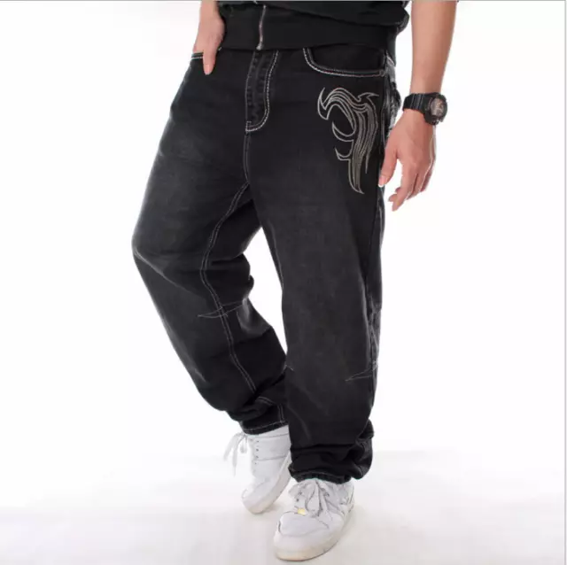 New Mens Jeans Denim Embroidery Baggy Loose Hip Hop Trousers Large Size  W30-W46