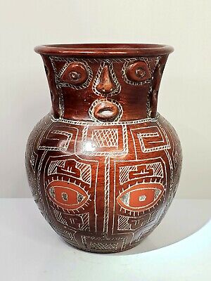 Rare Amazonian Marajoara Brazil Terra Cotta Pottery Vase Face Incised Folk Art