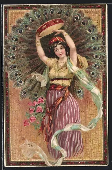 Tänzerin mit Tamburin und Pfauenfedern, Jugendstil, Ansichtskarte 1903