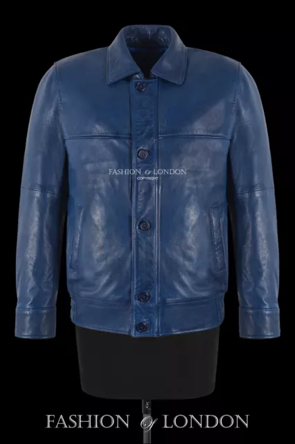 Herren Retro-Stil Jacke blau gewachst klassischer Kragen Bluse Bomber Lederjacke