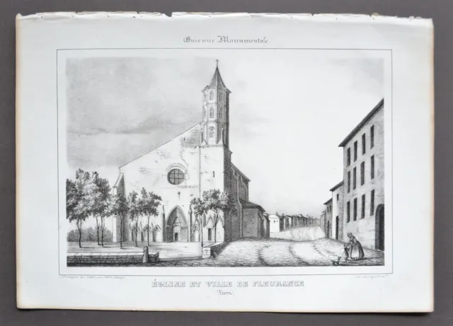 Lithographie XIXème - Église et Ville de Fleurance - J. Philippe - Mlle R. Maugé