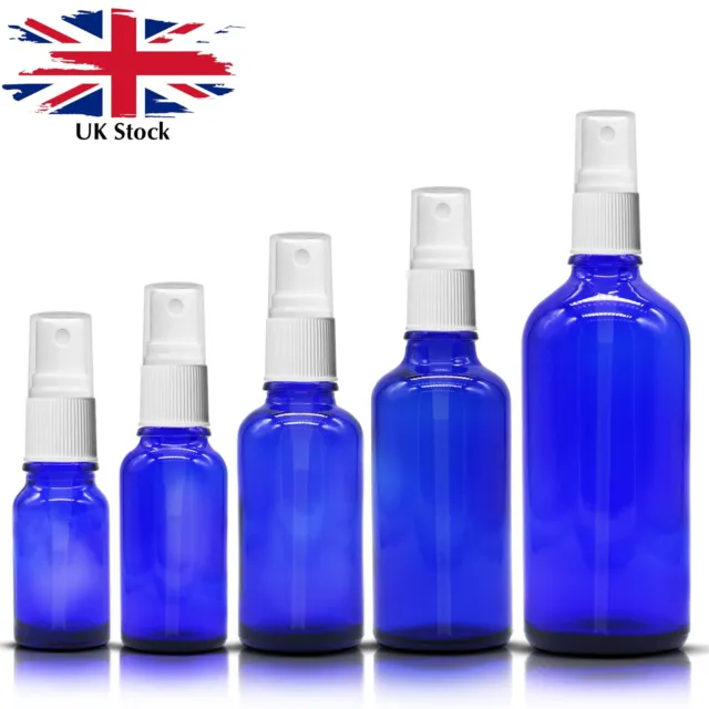 WHITE Atomiser on BLUE GLASS Spray Bottle Mist Sprayer Essential Oil Perfume etc