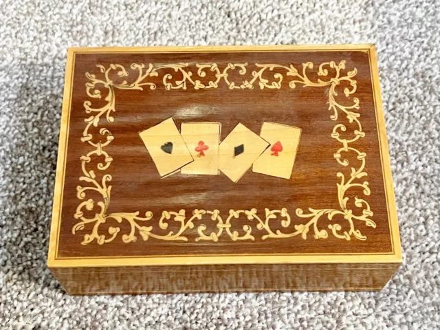 Vintage Table Top Box Carved Wood Playing Card Storage