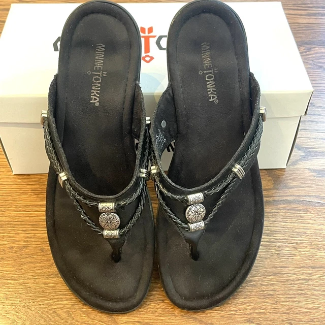 Minnetonka Sandals Womens 9 Silverthorne Thong Slip On Black Leather Open Toe