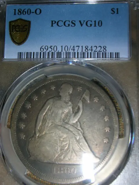 1860-O Seated Liberty Silver Dollar Pcgs Vg8 Gold Shield!