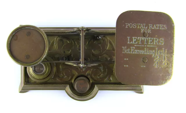 Antique Solid Brass English Postal Balance Scale with Extra Weight Set Ornate 3