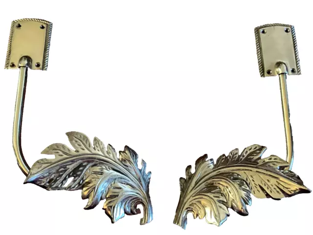 A Pair of Vintage Solid Brass Leaf Curtain Tie Back Wall Hooks Hardware Holdback