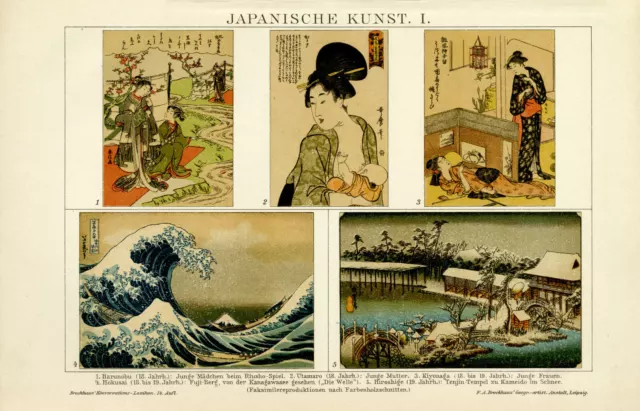 Japanische Kunst Malerei historische Bildtafel Chromolithographie ca. 1892