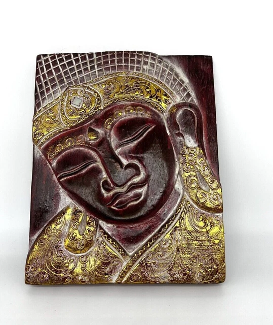 Blessing Buddha Wall Panel hand carved painted wood Balinese art Red / Gold Tone