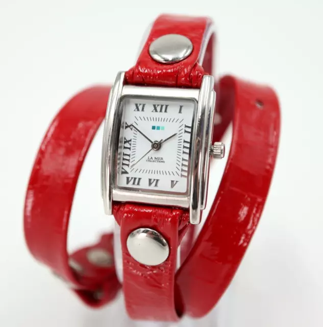 La Mer Collections Womens 22mm White Dial Rectangle Red Leather Wrap Strap