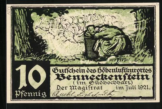 Notgeld Benneckenstein im Südhochharz 1921, 10 Pfennig, Alte Frau mit einem Kor