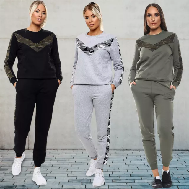New Womens Side Stripe Camouflage 2Pcs Loungewear Jogging Bottom Tracksuit Set