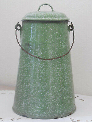 OLD French Enameled MILK CAN / JAR - green speckled white color - Collector
