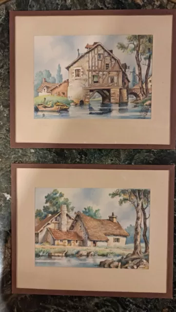 AQUARELLES PAPIER BARDAY BARRE ET DAYEZ 1920 Chaumières au bord de l'eau