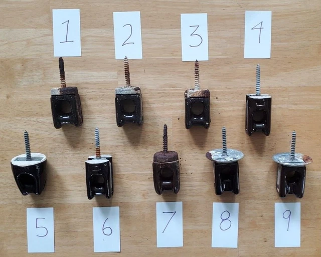 Nine Vintage Brown Glazed Porcelain Ceramic Electric Pole Wire Guide Insulators  3