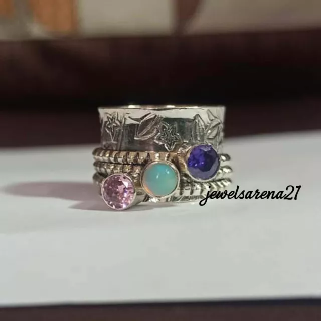 Opal, Amethyst, Rose Quartz Ring 925 Sterling Silver Spinner Ring Mediation Ring