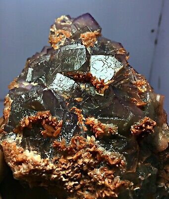 735.0 Gm Big Cube Pyramid Purple Natural Fluorite W/Red Calcite Crystal Specimen
