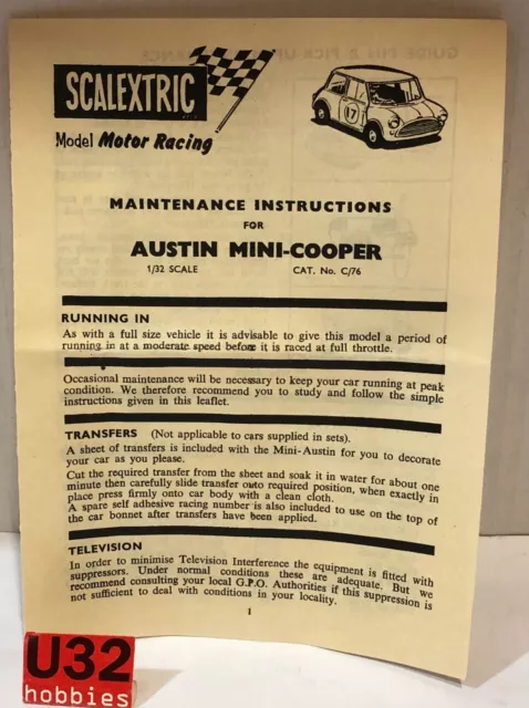 Scalextric Folleto Instrucciones De Mantenimiento Austin Mini Cooper C-74 Repro