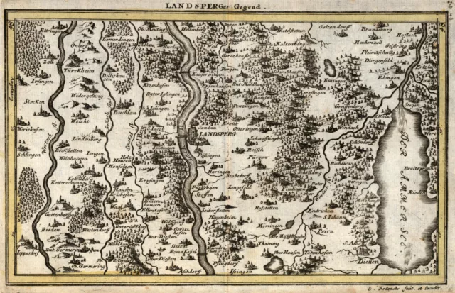 Landsberg Umgebung Ammersee Original Kupferstich Landkarte Bodenehr 1715