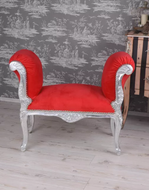 Hocker Barock Sitzbank Rokoko Sitzhocker Rot Silber Sofa Antik Sofabank Exklusiv