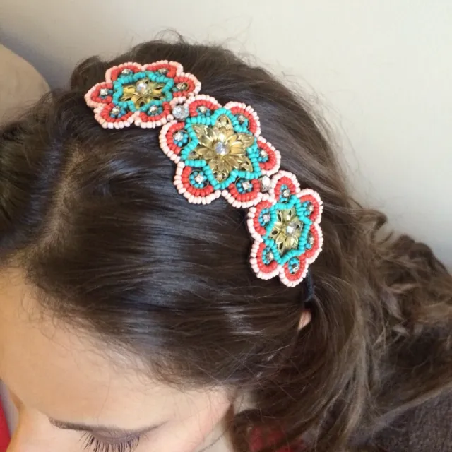 Pink, Coral, Tuquoise, Gold Beaded Flower Floral Filigree Crystal Headband Hair