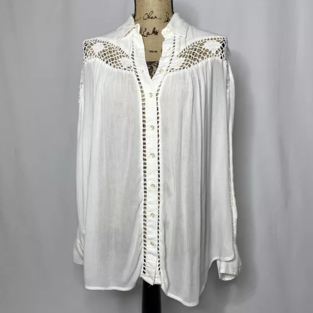 Free People Tunic Shirt S White Long Sleeve Button Up Crochet Eyelet Top