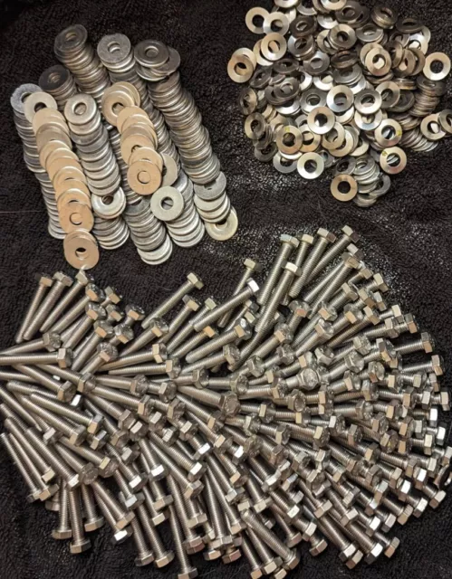 Huge Lot Stainless Steel 1/4-20 Hex Bolts w/ 420 Flat & Cone Lock Washers 1-4/5"