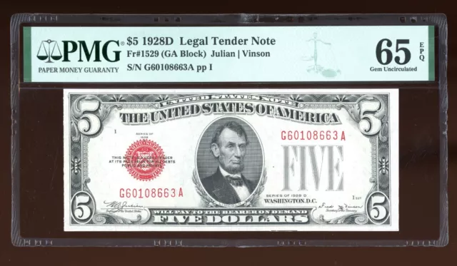 DBR 1928-D $5 Legal Fr. 1529 Vinson Gem GA Block PMG 65 EPQ Serial G60108663A