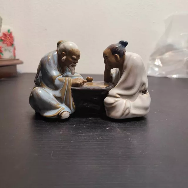 Vintage Chinese Shiwan Mudman Ceramic Figurine 2 Men Playing Board Game Robes